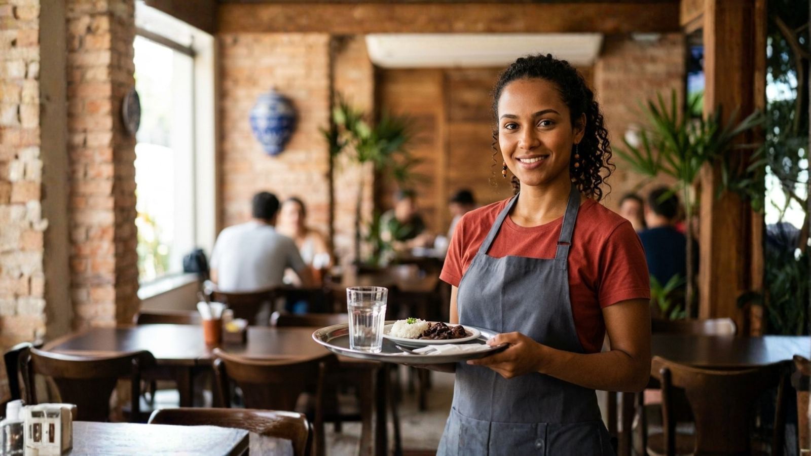 Profissional de atendimento servindo clientes em um restaurante